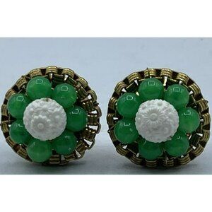 Green White With Gold Metal Floral Earrings Clip on  Estate Sale Jewelry Vtg